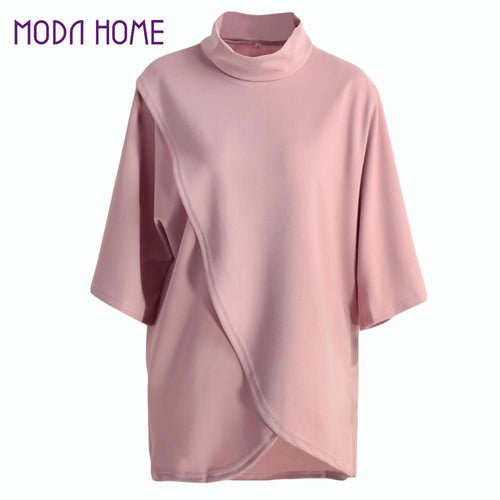 brand-women-blouse-solid-half-batwing-sleeves-irregular-hem-split-mini-dress-casual-loose-elegant-tops-pink-party-dresses BBL