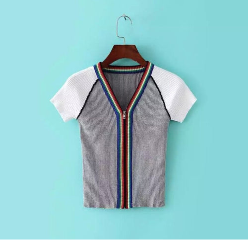 Brandy Melville Zipper V neck Short Tshirt Knitwear Women Contrast Color Short sleeve Knit Crop Top Tee