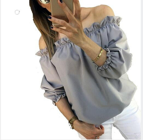 Candy Color Women's Chiffon Blouses Sexy Women Blusas Shirts Slash Neck Off Shoulder Casual Solid Tops Shirts M0471