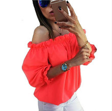 Candy Color Women's Chiffon Blouses Sexy Women Blusas Shirts Slash Neck Off Shoulder Casual Solid Tops Shirts M0471