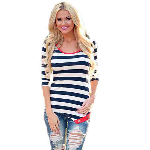 Casual Top Striped T Shirt Three Quarter Sleeve Slim t-shirt Camisetas Plus Size Women Top Irregular Camisetas Mujer