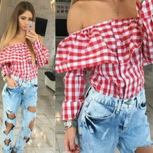 Casual Women Cute Off Shoulder Plaid Print Blousas Long Sleeve Ruffles Shirts Slash Neck Skinny Crop Tops Clubwear M0635