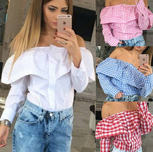 Casual Women Cute Off Shoulder Plaid Print Blousas Long Sleeve Ruffles Shirts Slash Neck Skinny Crop Tops Clubwear M0635