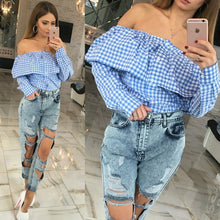Casual Women Cute Off Shoulder Plaid Print Blousas Long Sleeve Ruffles Shirts Slash Neck Skinny Crop Tops Clubwear M0635