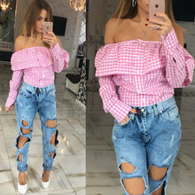 Casual Women Cute Off Shoulder Plaid Print Blousas Long Sleeve Ruffles Shirts Slash Neck Skinny Crop Tops Clubwear M0635