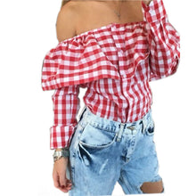 Casual Women Cute Off Shoulder Plaid Print Blousas Long Sleeve Ruffles Shirts Slash Neck Skinny Crop Tops Clubwear M0635