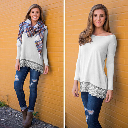 Casual Women Tops Loose T Shirt Long Sleeve Lace Patchwork Women's T Shirt Plus Size Women Clothing Top Tees