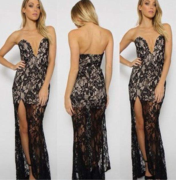 Celebrity Style Women Sexy Floral Crochet Sheer Lace Dress Deep V Strapless Slit Bodycon Maxi Dress Elegant Prom Party Dresses