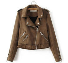 Chic Brown Faux Suede Jacket Women Short Motorcycle Biker Jacket Lapel Zipper Adjustable Waist Loose Coat Outerwear