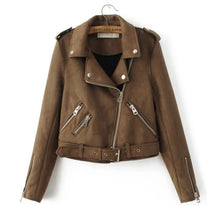 Chic Brown Faux Suede Jacket Women Short Motorcycle Biker Jacket Lapel Zipper Adjustable Waist Loose Coat Outerwear