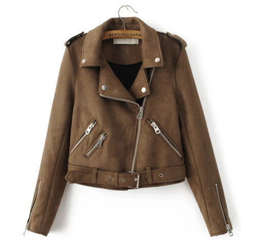 Chic Brown Faux Suede Jacket Women Short Motorcycle Biker Jacket Lapel Zipper Adjustable Waist Loose Coat Outerwear