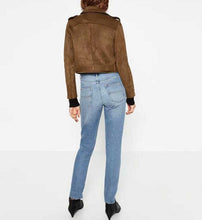 Chic Brown Faux Suede Jacket Women Short Motorcycle Biker Jacket Lapel Zipper Adjustable Waist Loose Coat Outerwear