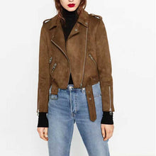 Chic Brown Faux Suede Jacket Women Short Motorcycle Biker Jacket Lapel Zipper Adjustable Waist Loose Coat Outerwear