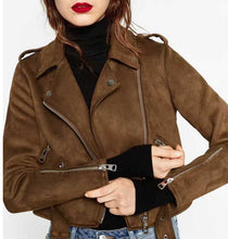 Chic Brown Faux Suede Jacket Women Short Motorcycle Biker Jacket Lapel Zipper Adjustable Waist Loose Coat Outerwear