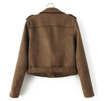 Chic Brown Faux Suede Jacket Women Short Motorcycle Biker Jacket Lapel Zipper Adjustable Waist Loose Coat Outerwear