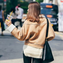 Chic Khaki Faux Lamb Wool Faux Suede Jacket Women Motorcycle Biker Jacket Lapel Zipper Loose Coat Outerwear Boyfriend