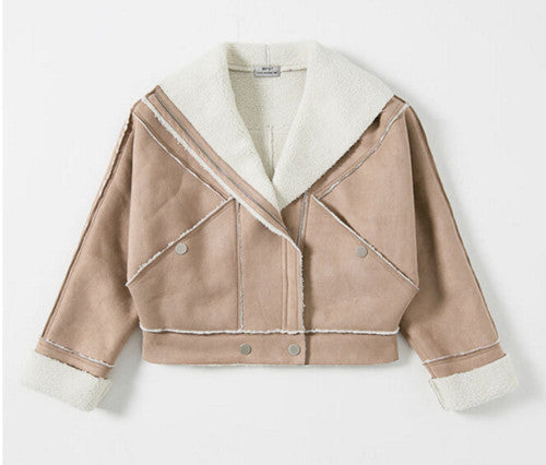 Chic Khaki Faux Lamb Wool Faux Suede Jacket Women Motorcycle Biker Jacket Lapel Zipper Loose Coat Outerwear Boyfriend