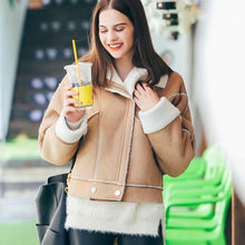 Chic Khaki Faux Lamb Wool Faux Suede Jacket Women Motorcycle Biker Jacket Lapel Zipper Loose Coat Outerwear Boyfriend