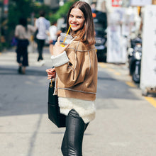 Chic Khaki Faux Lamb Wool Faux Suede Jacket Women Motorcycle Biker Jacket Lapel Zipper Loose Coat Outerwear Boyfriend