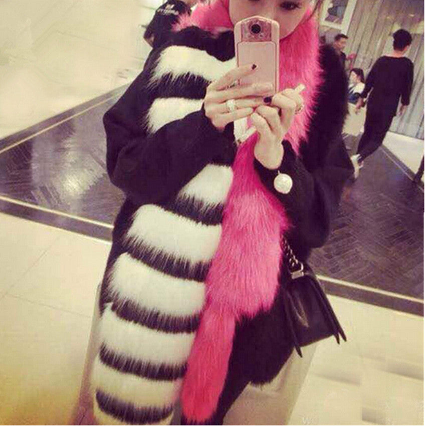 Chic Striped Pachwrok Faux Fox Fur Long Scarf Black wither Contrast pink Double Side Hairy Shaggy Scarves Shawl