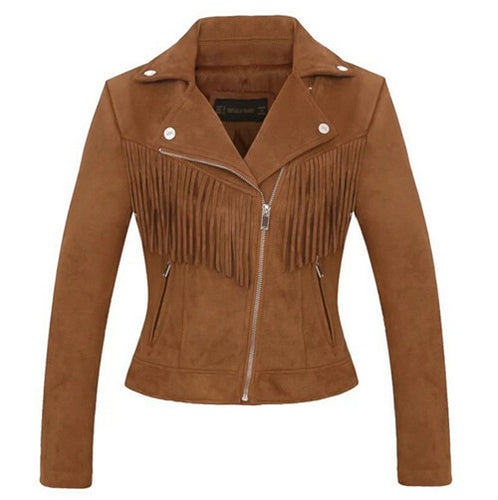 Chic Tassel Fringed Faux Suede Jacket Woman Short Motorcycle Biker Jacket Lapel Zipper Slim Fit Coat Outerwear 2 color