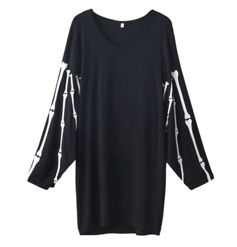 Chic V neck Bone Print Batwing Sleeve Short Dress Woman Vintage long sleeve Package hips Dresses Black