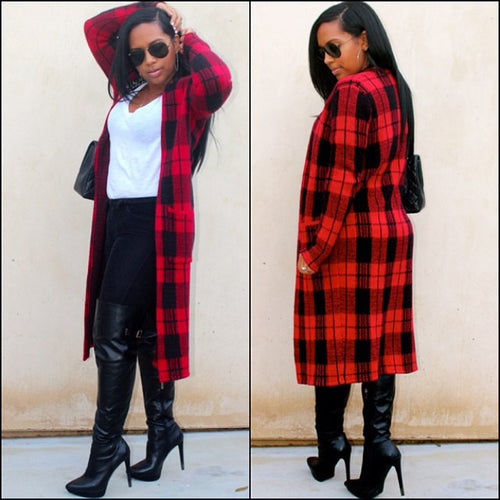 Classic Red Plaid Wool Coat Manteau Femme Coat Ladies O neck Long Cashmere Coat Plus Size Women Coats