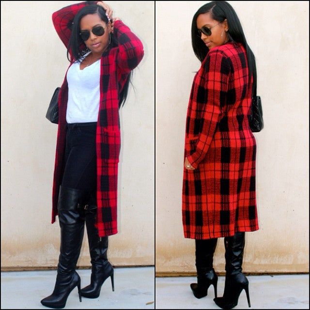 Classic Red Plaid Wool Coat Manteau Femme Coat Ladies O neck Long Cashmere Coat Plus Size Women Coats
