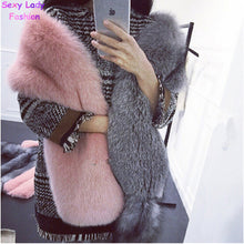 Contrast color Faux Fox Fur Long Scarf Gray & Pink Patchwork Hairy Shaggy Scarves Long tail Shawl Big Faux fur Collar