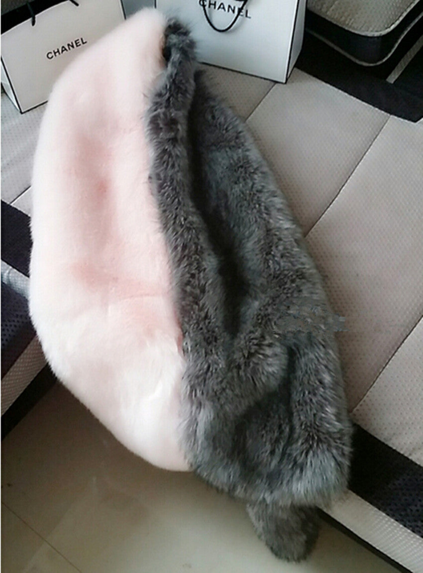 Contrast color Faux Fox Fur Long Scarf Gray & Pink Patchwork Hairy Shaggy Scarves Long tail Shawl Big Faux fur Collar