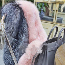 Contrast color Faux Fox Fur Long Scarf Gray & Pink Patchwork Hairy Shaggy Scarves Long tail Shawl Big Faux fur Collar