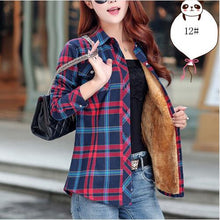 Cotton Plaid Blouse Shirt Women Velvet Warm Blouse Long Sleeve Slim Thicken Tops Ladies Blouse Plus Size GV294