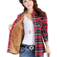 Cotton Plaid Blouse Shirt Women Velvet Warm Blouse Long Sleeve Slim Thicken Tops Ladies Blouse Plus Size GV294
