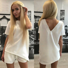 Deep V Back Women Casual Suits Short Sleeve Irregular Hem Tops and Drawstring Shorts Sexy Solid Sets Plus Size Y0559