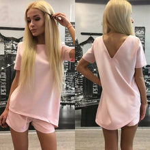 Deep V Back Women Casual Suits Short Sleeve Irregular Hem Tops and Drawstring Shorts Sexy Solid Sets Plus Size Y0559