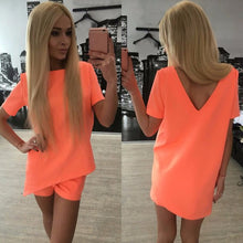 Deep V Back Women Casual Suits Short Sleeve Irregular Hem Tops and Drawstring Shorts Sexy Solid Sets Plus Size Y0559