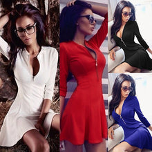 Deep V Neck Women Flare Dress 3/4 Sleeve Sexy Mini Dress Plus Size Zipper Up Party Dresses Vestidos