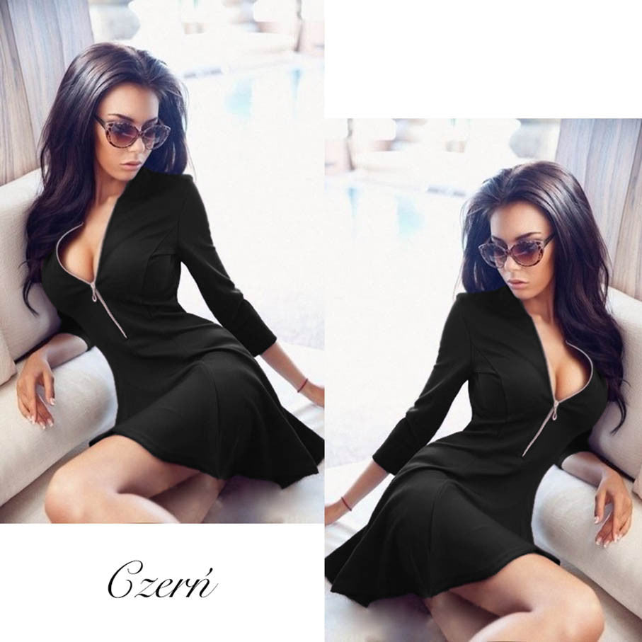 Deep V Neck Women Flare Dress 3/4 Sleeve Sexy Mini Dress Plus Size Zipper Up Party Dresses Vestidos