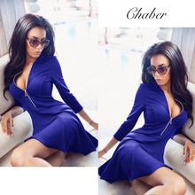Deep V Neck Women Flare Dress 3/4 Sleeve Sexy Mini Dress Plus Size Zipper Up Party Dresses Vestidos