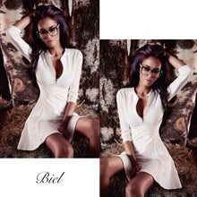 Deep V Neck Women Flare Dress 3/4 Sleeve Sexy Mini Dress Plus Size Zipper Up Party Dresses Vestidos