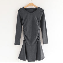 dresses-for-women-solidcolor-v-neck-vestidos-long-sleeve-slim-waist-pleated-dress-women-mini-dress-black-grey BBL