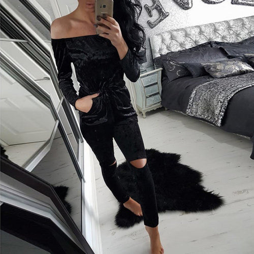 Elegant Off Shoulder Velvet Jumpsuit Women Slim Overalls Rompers Casual Long Pants Ladies Jumpsuits Romper 5 Colors