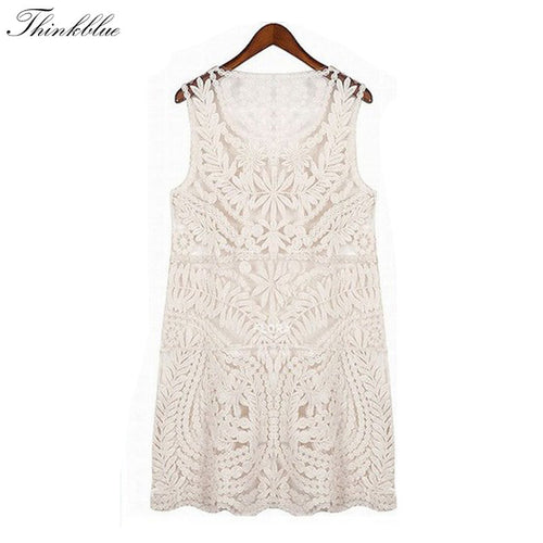 Embroidery sleeveless dress full lace crochet dress hollow out vintage o neck crochet plus size casual dresses