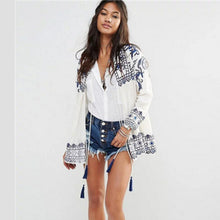 Ethnic Blue White Flower Embroidery Jacket Woman lacing up Strappy Tassel Kimono Jacket Sunscreen Fringed Short Coat