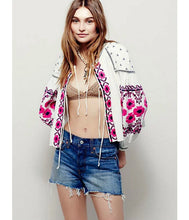 Ethnic Colors Flower Embroidery Jacket Woman Lantern sleeve Lacing up Kimono Cardigan Jacket Coat Sunscreen Femme