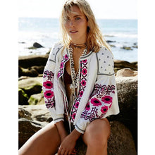 Ethnic Colors Flower Embroidery Jacket Woman Lantern sleeve Lacing up Kimono Cardigan Jacket Coat Sunscreen Femme