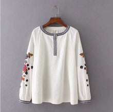 Ethnic Contrast color Striped O neck Embroidery Shirt Woman Pullover Blouse Tops blusas femme blusa