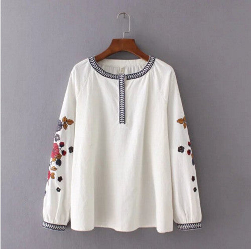 Ethnic Contrast color Striped O neck Embroidery Shirt Woman Pullover Blouse Tops blusas femme blusa