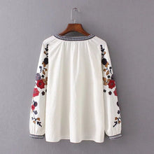 Ethnic Contrast color Striped O neck Embroidery Shirt Woman Pullover Blouse Tops blusas femme blusa