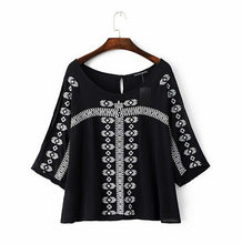 Ethnic Flare sleeve Flower Embroidery Shirt Large O neck Slit cuff Pullover Blouse Tops blusas femme blusa White Black